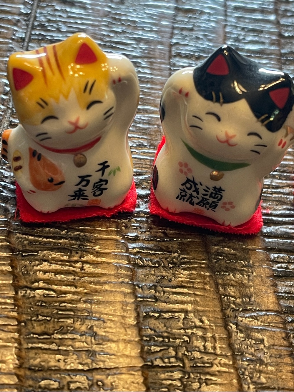 Set of Three Ceramic Lucky Cat Figurines - White with Yellow & Black Accents - Picture 2 of 5